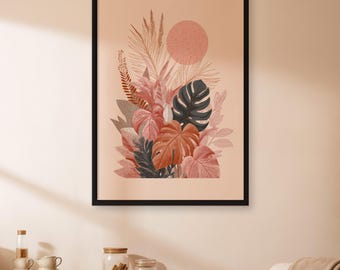 Boho Tropical Leaf Wall Art Print, Warm Terracotta Botanical Poster, Modern Minimal Plant Illustration for Cozy Home, Office, Studio Decor