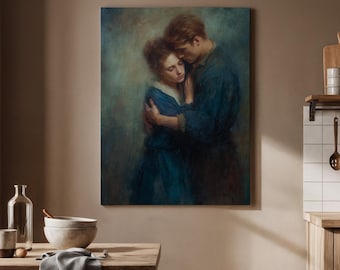 Romantic Couple Embrace Canvas Art Emotional Classical Painting Tender Love Wall Decor for Bedroom Living Room Anniversary Gift Artwork
