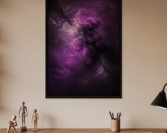 Plakat ścienny z fioletową galaktyką, głęboka mgławica kosmiczna z gwiazdami i obłokami kosmicznymi, mistyczny wydruk astronomiczny do nowoczesnego wystroju domu lub biura