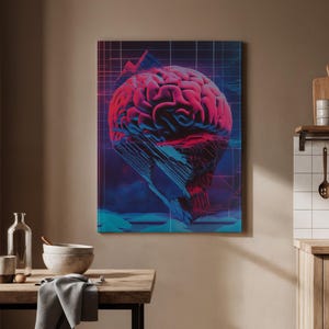 May include: A canvas print featuring a stylized, neon-colored brain illustration. The artwork showcases a vibrant pink brain against a dark blue and red geometric background, creating a striking visual effect. The print is mounted on a wooden frame.