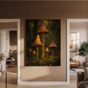 Glowing Mushroom Canvas Wall Art, Enchanted Forest Illustration, Framed or Unframed, Fantasy Nature Artwork for Cottagecore Home Decor