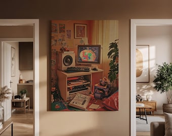 Retro Computer Desk Canvas, Vintage 90s Tech and Nostalgic Room Decor, Ideal for Gaming or Computer Enthusiasts, Art Decor and Home Decor