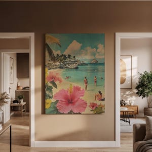 Tropical Beach Canvas Art, Retro Beach Scene with Hibiscus Flowers and Swimmers, Coastal Home Decor for Beach Lovers and Vacation Dreamers