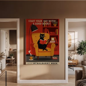 Schwarze Katze lesen Leinwand Wandkunst, Beginnen Sie Ihren Tag mit einem guten Buch Zitat Poster, Vintage Bibliothek Dekor für gemütliche Bücherecke und Katzenliebhaber