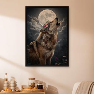 Wolf Howling Under Moon Wall Art, Boho Forest Animal Print with Floral Crown and Feathers, Nature Inspired Artwork for Rustic or Modern Home