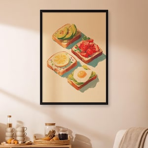 Colorful Toast Wall Art, Healthy Breakfast Kitchen Print, Avocado Lemon Egg Strawberry Poster, Wholesome Food Illustration Decor