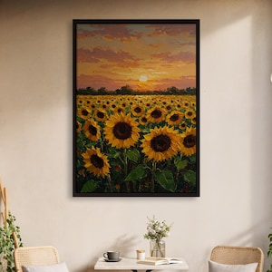Sonnenblumenfeld Wandkunst, Sonnenuntergang Landschaft Gemälde Druck, lebendige gelbe Blumen Kunstwerk, Natur Dekor im Landhausstil für gemütliche Innenräume