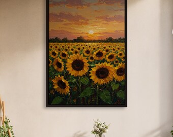 Sunflower Field Wall Art, Sunset Landscape Painting Print, Vibrant Yellow Floral Artwork, Country Style Nature Decor for Cozy Interiors
