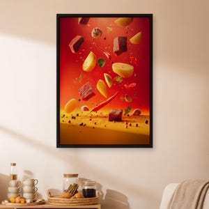 Poster med kryddiga ingredienser i matlagning, flytande konsttryck med kött och grönsaker, väggdekoration i rullad eller inramad kök, djärv röd matkomposition