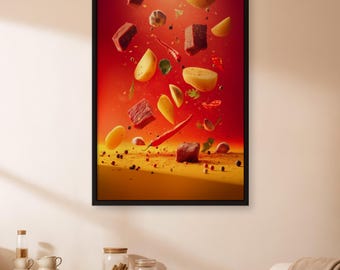 Spicy Cooking Ingredients Poster, Floating Meat and Veggies Art Print, Rolled or Framed Kitchen Wall Decor, Bold Red Food Composition