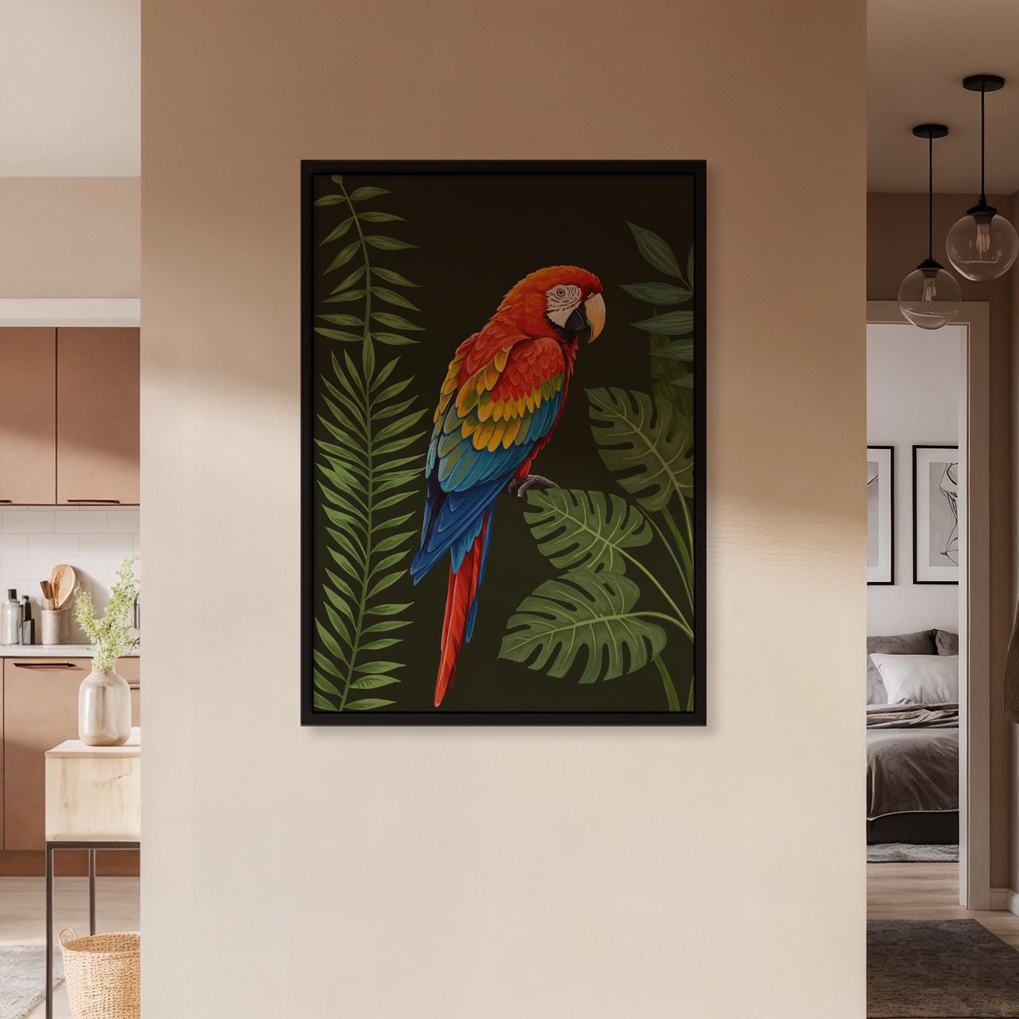 カラフルなオウムと熱帯の葉のポスター、エキゾチックな鳥のウォール