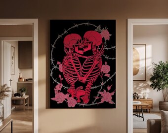 Rood skelet paar muurkunst canvas, gotische-romaanse illustratie met rozen en prikkeldraad, donker alternatief huisdecor, kunstdecor