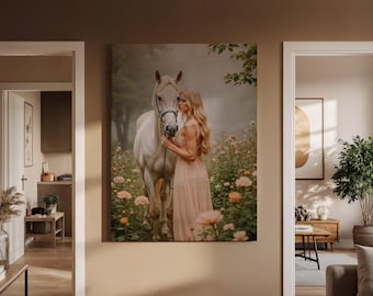 Fine Art Horse Portrait Print, Elegant Woman and Horse Wall Art, Romantic Nature Photography, Luxury Home Decor Artwork