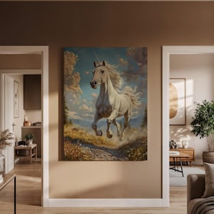 Majestic Unicorn Running Wall Art, Fantasy Horse Illustration with Beautiful Landscape, Whimsical Decor for Dreamy Spaces, Art Decor