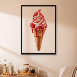 Erdbeereis Poster, Softeistüte Wanddruck, Gerollt oder Gerahmt Dessert Küchenkunst, Sommer Süßes Essen Illustration Dekor