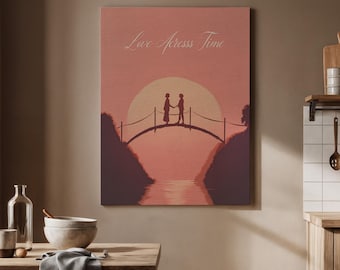 Love Across Time Canvas Art Romantic Sunset Bridge Illustration Minimal Couple Decor for Bedroom Living Room Anniversary Gift, Art Decor