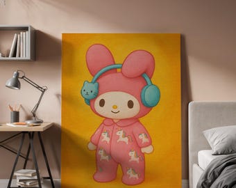 My Melody Sanrio Canvas Art, Cute Pink Bunny in Unicorn Pajamas, Kawaii Aesthetic Wall Decor for Girls Room & Sanrio Fans