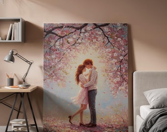 Romantic Couple Under Cherry Blossoms Framed Canvas, Tender Spring Love Art, Soft Pastel Wall Canvas Decor for Bedroom & Living Room