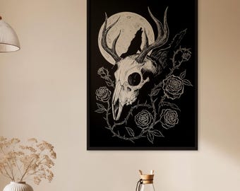 Gothic Deer Skull Rose Moon Poster, Black Ink Illustration Print, Witchcore Dark Decor