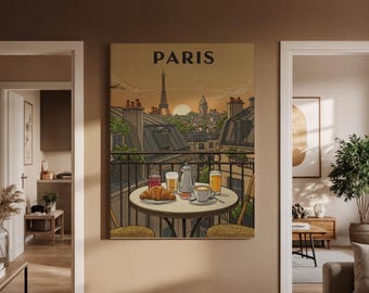 Paris Balcony Morning Canvas Art, Eiffel Tower View with Breakfast Table, Cozy French Café Style, Elegant Home Decor for Travel Lovers