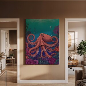 Colorful Octopus Wall Art Canvas, Vibrant Underwater Scene with Coral Reef and Marine Life, Ocean-Themed Decor for Coastal or Nautical Homes
