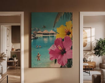 Lienzo de playa tropical, escena de playa vintage con flores de hibisco y palmeras, decoración costera retro para sala de estar o dormitorio.