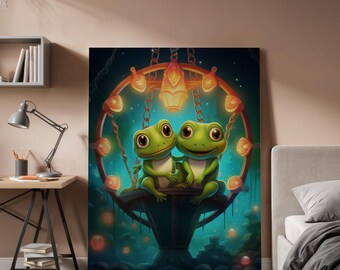 Romantic Frog Couple Fairground Canvas, Whimsical Love Lantern Art