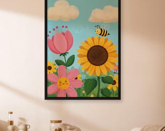 Smiling Flowers Wall Art, Cute Sunflower and Bee Poster for Kids, Happy Floral Nursery Decor, Colorful Toddler Room Print Gift