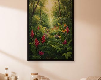Tropical Jungle Wall Art Print, Lush Green Botanical Poster, Framed or Rolled Nature Decor, Vibrant Forest Path Artwork For Home Interior
