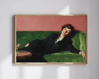 Woman on the Couch Drinking a Martini Canvas Painting | Soft Tonal Oil Painting | Cocktail Art Bar Cart Decor | Aesthetic Oil Painting Gift