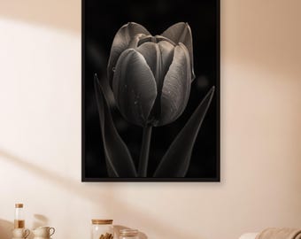 Black and White Tulip Poster, Monochrome Flower Wall Art, Elegant Minimalist Floral Print, Framed Botanical Decor, Gift For Art Lover