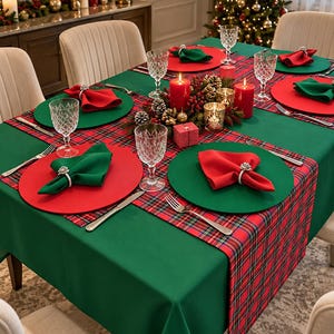 Zeren Home 27-delars juldukningsset, grön duk, 2 rutiga löpare, 12 bordsunderlägg och 12 servetter, juldekoration