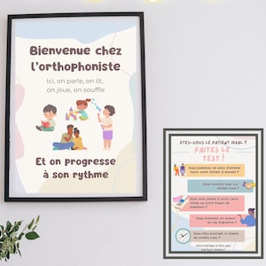 Peut inclure: Une pièce avec trois affiches encadrées et une image ronde. La plus grande affiche dit "Bienvenue chez l'orthophoniste" avec des illustrations. Une affiche plus petite demande "Êtes-vous le patient idéal ?" L'image ronde montre un pissenlit.