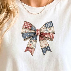 Patriotic Patchwork Bow PNG, Vintage Americana Quilt Bow Clipart, Red White Blue Floral Bow, 4th of July Sublimation, Digital Download