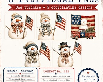 Paquete PNG de muñecos de nieve patrióticos, 5 diseños de muñecos de nieve estilo americano, imágenes prediseñadas de invierno primitivas, sublimación de la bandera de EE. UU., Navidad rústica, solo digital