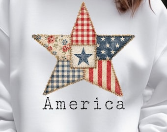 Patriotyczna pikowana gwiazda, amerykański projekt bluzy, vintage'owa grafika z gwiazdą, sublimacja z okazji 4 lipca w formacie PNG, czerwono-biało-niebieski dom wiejski, prezenty
