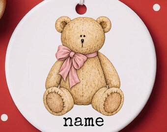 Adorno de osito de peluche personalizado / Redondo de cerámica, regalo, recuerdo de bebé