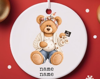 Adorno personalizado de osito de peluche para mamá embarazada / Recuerdo redondo de cerámica de ecografía del bebé para regalo