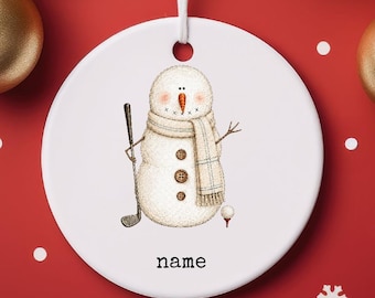 Adorno de cerámica personalizado de muñeco de nieve para golfistas, decoración para el árbol, etiqueta para calcetín navideño, regalo para amantes del golf.