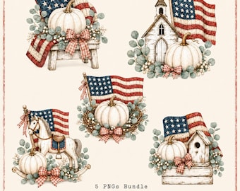 Patriotic Fall PNG Bundle of 5 Digital Download, Americana Pumpkin Clipart, Farmhouse Fall Sublimation , USA Flag Pumpkin, for Gifts, Shirts