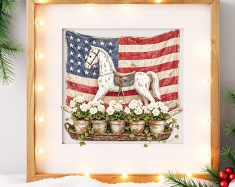 Vintage Americana Rocking Horse PNG | Dekoracja z flagą USA w stylu farmy | Patriotyczny clipart akwarelowy | Letnia sublimacja, prezenty i materiały do druku