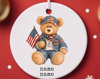 Adorno personalizado de osito de peluche para veteranos / Memorial redondo de cerámica, recuerdo, regalo