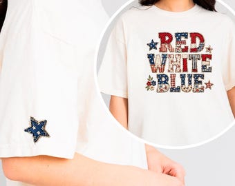 Czerwono-biało-niebieski pikowany wygląd PNG, sublimacja z okazji 4 lipca, grafika patchworkowa w stylu amerykańskim, projekt koszulki w stylu USA, projekt rękawa z gwiazdą