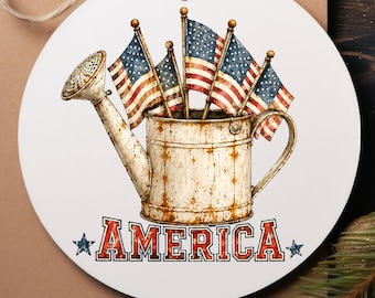 Patriotyczna konewka PNG, amerykańska flaga ogrodowa, rustykalny wzór sublimacji flagi USA, dom wiejski 4 lipca PNG na prezent