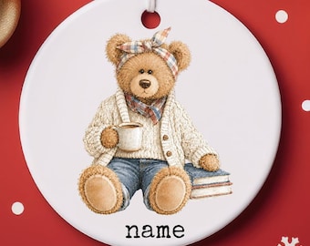 Adorno personalizado con ilustración de osito de peluche / Adorno de cerámica con nombre, recuerdo, regalo,
