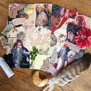 Könnte beinhalten: Eine Collage mit Bildern von Personen, Blumen und dekorativen Elementen. Die Collage enthält eine Feder, einen Kristall und einen dekorativen Stein. Die Farbpalette umfasst Braun-, Beige- und Rottöne.