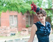 Black Mini Top Hat with Red Roses and Red Feathers - LA FEMME ROUGE