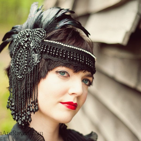Black Feather Headdress Flapper Style Beaded Swarovski Crystals - Dark Queen (Made to Order)