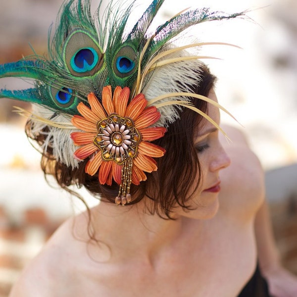 Feather Headdress with Orange, Cream and Peacock Accents - LIMITED - TRIBAL