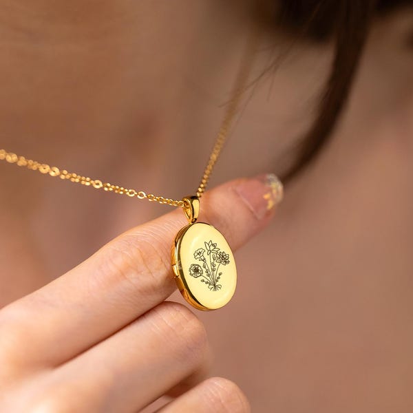 Custom Birth Flower Locket Necklace with Photo, Personalized Photo Necklace, Engraved Oval Necklace, Couple Memorial Gift, Christmas Gifts